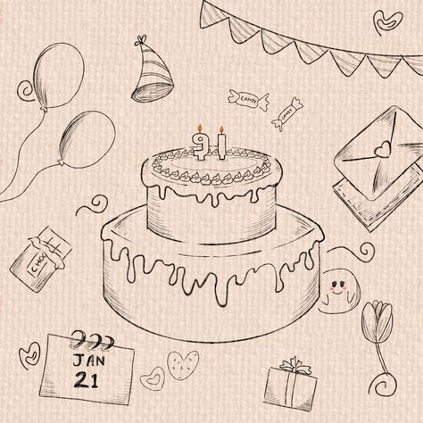 Ide Scrapbook Aesthetic, Cake Sketch Drawings, Birthday Cake Sketch, 2024 Journaling, Canva Project, Doodle Art Name, Ide Scrapbook, Birthday Pencils, Mirror Writing