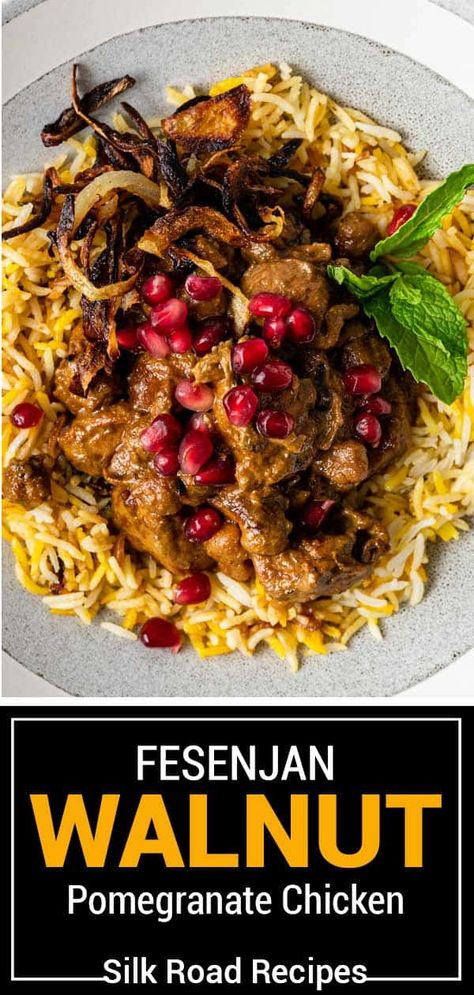 This fesenjan recipe is a hearty Middle Eastern chicken dish made with onions, chickpeas and a sensational walnut pomegranate sauce. Iranian Chicken Recipes, Middle Eastern Chicken Recipes, Fesenjan Recipe, Dinner Bakes, Persian Stew, Chicken Chickpeas, Middle Eastern Chicken, Pomegranate Chicken, Cultural Foods