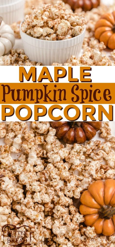 Maple Pumpkin Spice Popcorn is a little bit like caramel popcorn, but full of fall flavors. Made with brown sugar, maple syrup, pumpkin pie spice and butter - only 4 ingredients needed to make absolutely delicious popcorn! Popcorn Recipes Sweet, Sugar Popcorn, Spiced Popcorn, Popcorn Recipes Caramel, Healthy Popcorn, Sweet Popcorn, Bake Sale Recipes, Maple Pumpkin, Popcorn Snacks