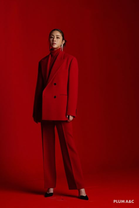 Red Editorial Photography, Red Suit Photoshoot, Tonal Photography, Red Backdrop Photoshoot, Silk Photoshoot, Blazer Photoshoot, Red In Fashion, Red Editorial, Boutique Store Ideas