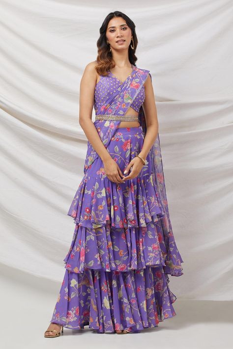 Printed Ruffle Saree, Georgette Half Saree Designs, Ruffle Frock For Women, Floral Ruffle Saree, Cancan Saree, Ruffles Saree, Ruffle Saree Designs, Ruffle Frock, Cocktail Sarees