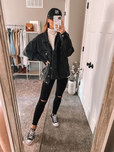 Styling this $35 tunic a few ways! Wearing a large in the black denim jacket for an even more oversized fit! Tts in tunic, jeans & converse http://liketk.it/31oY1 @liketoknow.it #liketkit #LTKunder100 #LTKunder50 #ltkfall Oversize Black Jacket Outfit, Distressed Black Jean Jacket, Styling Black Jacket, Black Denim Jacket With Blue Jeans, Faded Black Jean Jacket Outfit, Jeans Black Jacket Outfit, Black Jeans Denim Jacket, Oversize Black Denim Jacket Outfit, Black Jeans Jacket Outfit Women