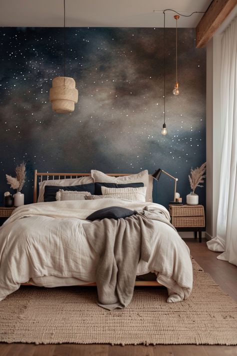 Design a stunning master bedroom wall using these decor ideas and suggestions. Gray Accent Wall Bedroom Ideas, Starry Bedroom Ceiling, Mountain Aesthetic Bedroom, Bedroom Wall Mural Ideas Paint, Moon Mural Bedroom, Space Mural Bedroom, Starry Ceiling Bedroom, Star Bedroom Aesthetic, Bedroom Accent Wallpaper