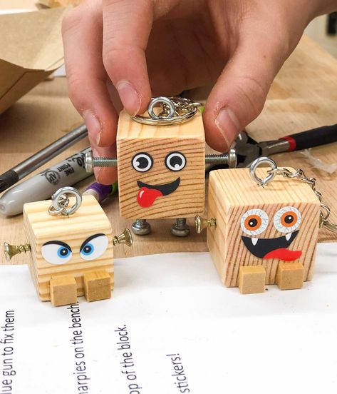 Fun wood craft for all ages! Get creative and build a set of crazy mini block heads. As keyrings, zip pulls or collectibles, these mini block heads will be a huge hit with kids of all ages. In this fun workshop you will craft three block heads to your own design, the possibilities are endless! Craft For All Ages, Gerobak Dorong, Button Projects, Wood Projects For Kids, Woodworking Kits, Group Crafts, Block Head, Wood Craft Projects, Scrap Wood Projects