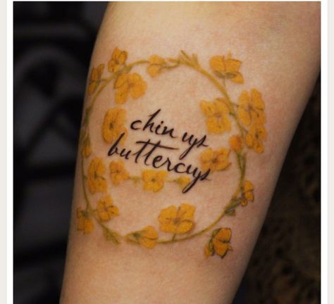 Buttercup Flower Tattoo, Bum Tattoo Women, Buttercup Tattoo, Chin Tattoo, Chin Up Buttercup, Popular Tattoo Designs, Yellow Tattoo, Pin Up Girl Tattoo, Floral Tattoo Design