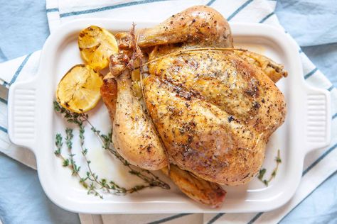 The Best Dry-Brined Roast Chicken! Dry-brined chickens are the best way to get succulent juicy meat and crispy, golden skin! The best part? You only need 5 minutes and some space in the fridge! #simplyrecipes #roastchicken #sundaysuppers #easyroastchicken #dinner #chickenrecipes Cooked Chicken Temperature, Brined Chicken, Dry Brine, Best Roasted Chicken, Golden Skin, Dark Meat, Roast Chicken Recipes, Citrus Chicken, Simply Recipes