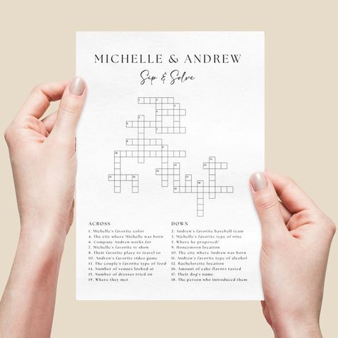 Need multiple wedding signs? Check out this link of the "Wedding Signs Bundle" with all of my best-selling signs at a discount price! https://shorturl.at/uPSV8 Welcome to our Etsy listing for the Custom Wedding Crossword Template! Add a fun and interactive element to your special day with this unique wedding puzzle. This digital template, designed for use on Canva, allows you to create a personalized Wedding Crossword that will entertain your guests during your celebration. Whether it's a Sip an Custom Crossword Puzzle, Bride And Groom Crossword Puzzle, Wedding Crossword Puzzle Questions, Sip And Solve Wedding Crossword, Crossword Wedding, Crossword Template, Sip And Solve, Wedding Crossword Puzzle, Wedding Table Games