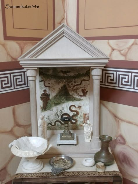 did you know all roman prayers and sacrifices started and ended with devotions to meeeee😍😍its great to have power over prayers(fire and fertility are good too) Hellenic Altar, Greek Altar, House Altar, Aphrodite Altar, Roman House, Roman Gods, Witches Altar, The Hierophant, Pagan Altar