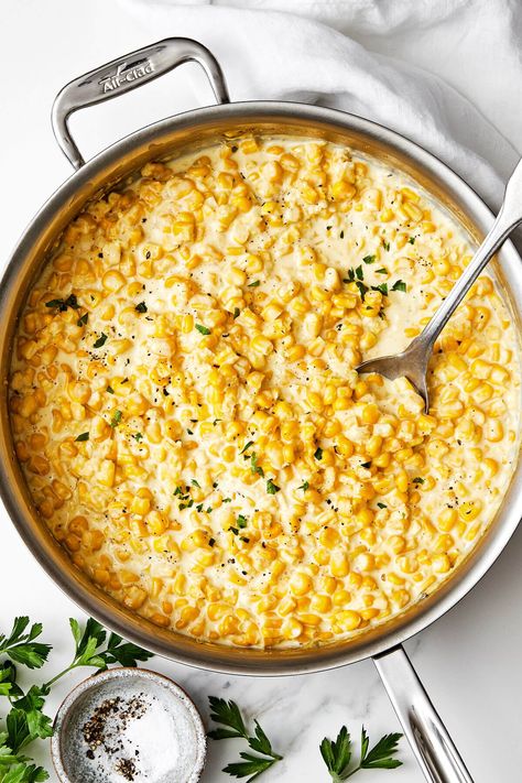 Corn Sides Thanksgiving, Best Creamed Corn, Corn Side Thanksgiving, Best Creamed Corn Recipe, Corn Sauce, Stove Top Creamed Corn, Thanksgiving Side Dishes Corn, Creamer Corn, Fresh Thanksgiving Sides