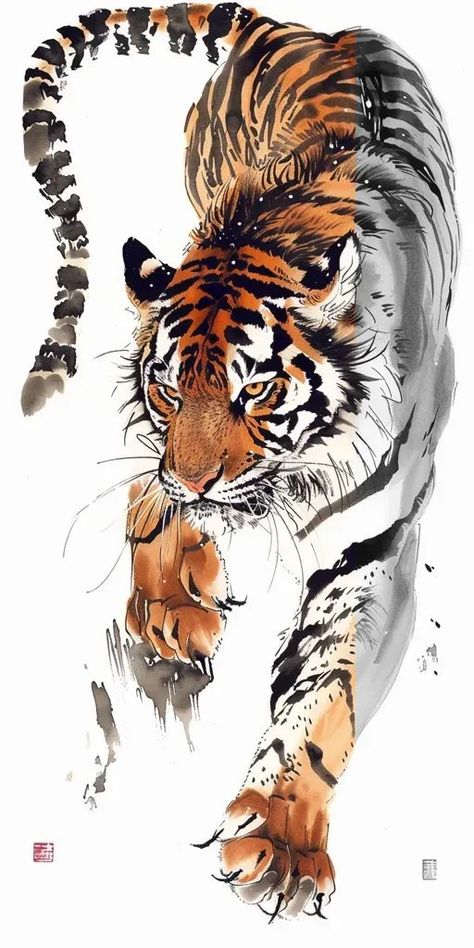 Full Color Image in ai-img-gen.com 🔸 Takehiko Inoue style, india-ink painting, wild tiger, side view shot, full body,high quality,white b... 🔸 From Midjourney AI Image Dynamic Tiger Poses, Tiger Side View, White Tiger Art, Tiger Profile, Tiger Tattoos, Takehiko Inoue, Tiger Spirit, Inoue Takehiko, Japanese Tiger