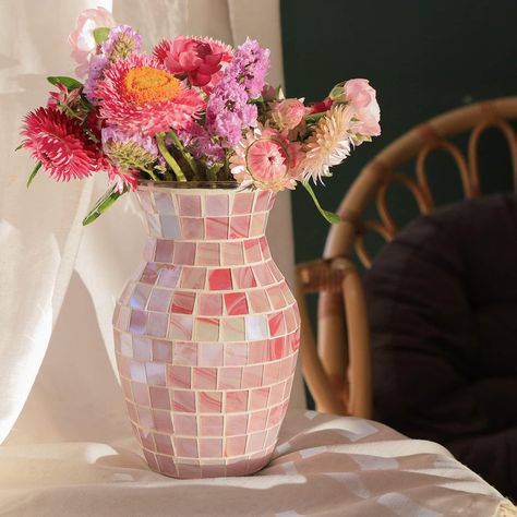 PRICES MAY VARY. 【SPECIFICATIONS】Mouth: 3.42", Bottle width: 5.43", High: 8", Weight: 1.56lbs. This pink vase is an ideal container for fresh flowers, use it to hold bouquets of flowers or display them on an entryway table as a stand-alone decorative piece. 【TRADITIONAL HANDMADE】Flower vase is made of thick glass, and all the mosaics on the bottle body are pasted by hand and will not fade. Please do not clean the surface directly with water, it is better to wipe the floating dust with a wrung-ou Pink Glass Vase, Mosaic Vase, Vase For Flowers, Flower Vases Decoration, Pink Vase, Handmade Mosaic, Elegant Color, Home Decor Color, Handmade Modern