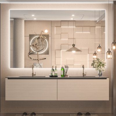 LED backlit bathroom mirror frameless mirror anti-fog water-proof wall vanity mirror brightness can be adjusted with memory function Size: 24" x 40 | Orren Ellis LED Backlit Frameless Lighted Bathroom Wall Mirror / Vanity Mirror w / Brightness Adjust Metal, Size 24.0 H x 40.0 W x 1.57 D in | Wayfair Defog Bathroom Mirror, Mirror Wall Toilet, Backlit Vanity Mirror, Full Wall Mirror Bathroom, Bathroom Wall Mirror Ideas, Bt Mirror, Wall Mirror Vanity, Villa Bathroom, Bathroom Led Mirror