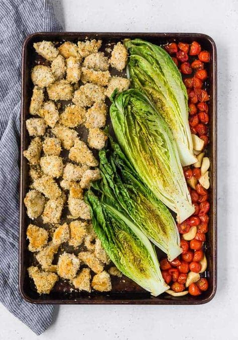 Roasted Romaine Salad - Sheet Pan Dinner - Rachel Cooks® Romaine Hearts Recipes, Roasted Romaine Lettuce, Roasted Lettuce, Romaine Recipes, Roasted Romaine, Romaine Lettuce Recipe, Grilled Lettuce, Roasted Grape Tomatoes, Lettuce Recipes