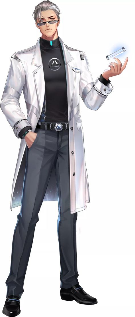 Lab Character Design, Scientist Outfit Male, Evil Scientist Outfit, Sci Fi Outfits Male, Mad Scientist Character Design Male, Hologram Character Design, Mech Pilot Character Design Male, Scientist Oc Art Male, Scientist Drawing Reference