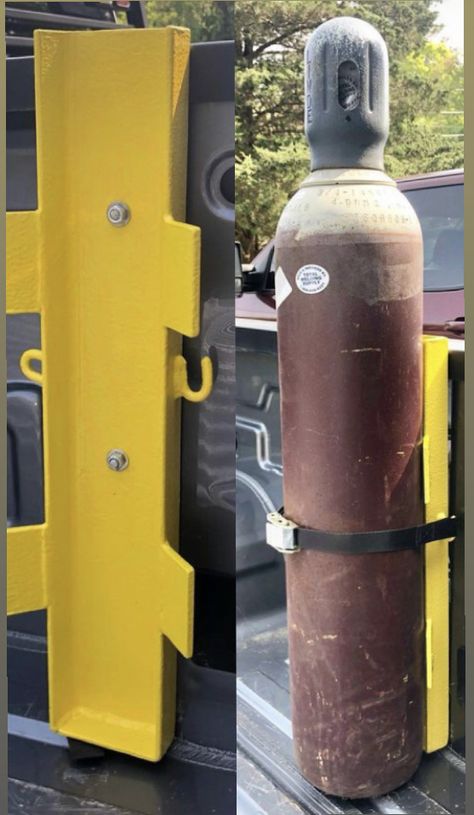 I got tired of my shielding gas tank for my mig welder rolling around when I take it to get filled so I came up with this bracket that quickly attaches to the hooks in the bed of my Chevy Silverado. I used pieces of flatbar welded to channel with an adjustable strap to hold the tank against the bracket. Would also work great for doing mobile welding with a safety cap. #millerwelders #millerwelds Survival Truck, Welder Cart, Lincoln Welders, Welding Workshop, Welding Trailer, Headache Rack, Mobile Welding, Welding Rig, Iron Furniture Design