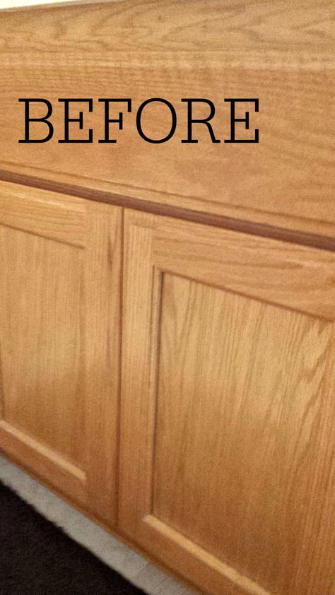 Honey Cabinets, Staining Oak Cabinets, Orange Oak Cabinet Makeover, Oak Cabinet Makeover, Oak Bathroom Cabinets, Bathroom Cabinet Makeover, Cabinet Makeover Diy, Stained Kitchen Cabinets, Bathroom Cabinets Diy