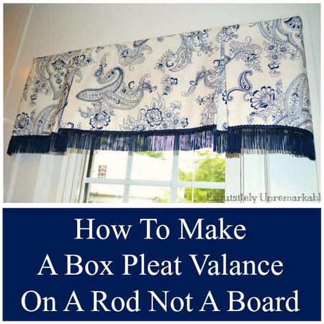 Make an easy box pleat valance on a rod. Follow my step by step tutorial with pictures. Sew or no sew, it's really all about the ironing! Check it out! Valance Window Treatments Diy, Diy Valances, Window Valance Diy, Valance Tutorial, Box Valance, Valences For Windows, Box Pleat Valance, Diy Valance, Valance Patterns