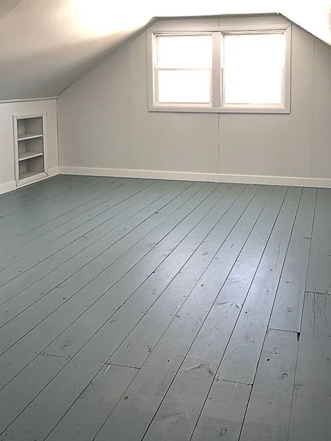 If you want to paint a wood floor, click over to find the paint for wood floors we used and loved! Painted White Wood Floors Bedroom, Chalk Paint Floors Wood, Painted Floor Colors Ideas, Dark Painted Wood Floors, Painted Floors Wood Old Houses, Painted Old Wood Floors, Paint Hardwood Floors Diy, Painted Attic Floor, Gray Painted Floors