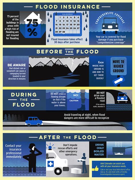 #infographic FLOOD INSURANCE  The floods last year reminded many Coloradans about the risks to their homes and cars. Learn more about flood insurance, and what to do before, during and after a flood. Flood Preparedness Infographics, Flood Infographics, Communication Management, Flood Preparedness, Pubmat Ideas, Flow Chart Design, Holiday Homework, Before The Flood, Brochure Ideas