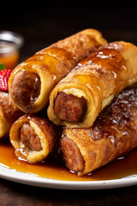 Sausage French Toast Roll-Ups - That Oven Feelin Italian Drunken Noodles, Toast Roll Ups, Sweet French Toast, America Cake, French Toast Roll Ups, French Toast Rolls, Vegetarian Sausages, Sausage Rolls, How To Cook Sausage