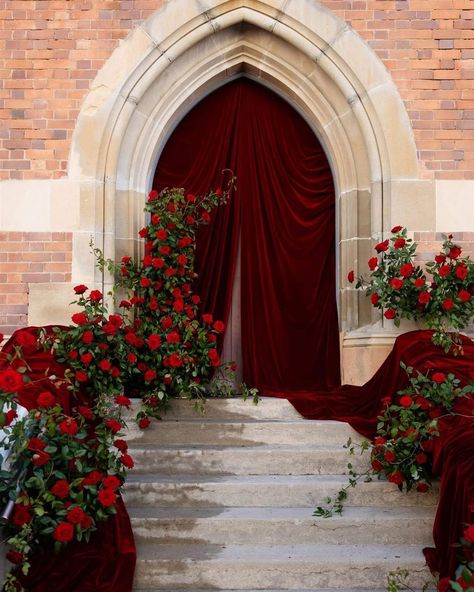 Rose Wedding Theme, Red Gold Wedding, Draping Wedding, Fabric Installation, Piano Accordion, Old Hollywood Wedding, Red Drapes, Red Wedding Theme, February Wedding