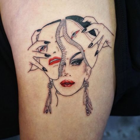 Drag Queen Tattoos on Instagram: “@sashavelour by @_suzani. 👑❤️” Drag Queen Tattoo, Drag Tattoo, Queen Tattoos, Makeup Tattoo, Queen Tattoo, Drag Makeup, Skull Tattoo, Halloween Face, Face Makeup