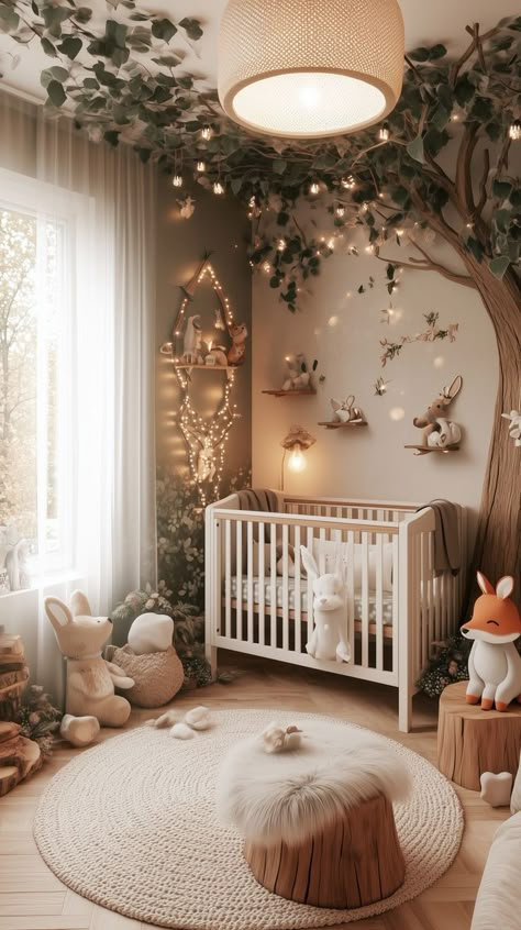 cozy nursery corner with fairy lights, canopy, and woodland decor Whimsical Nursery Ideas, Woodland Fairy Nursery, Nordic Nursery, Woodland Nursery Girl, Whimsical Tree, Fairy Nursery, Dreamy Nursery, Baby Nursery Inspiration, Fairytale Nursery