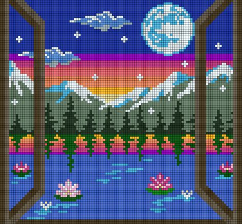 Scenery Cross Stitch Patterns, Landscape Perler Bead Patterns, Scenery Alpha Pattern, Minecraft Cross Stitch Pattern, Pixel Night Sky, Pixel Art Alpha Pattern, Pixel Art Square, Diamond Art Patterns Free, Nature Pixel Art