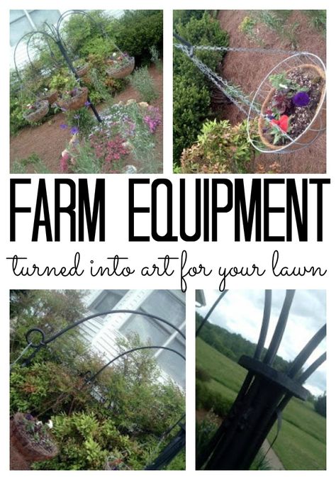 Turn old farm equipment into lawn art with this fun idea! Old Rake Ideas Diy Projects, Old Farm Equipment Decor Yards, Old Farm Equipment Landscaping, Farm Implements In The Garden, Antique Tractor Yard Decor, Old Lawn Tractor, Antique Farm Equipment Landscape, Hanging Herb Garden, Yard Art Crafts