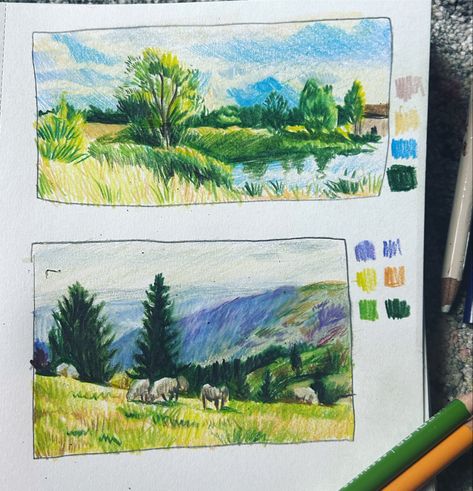 Sketching Colored Pencils, Pencil Color Landscape, Landscape Painting With Colored Pencils, How To Draw Water With Colored Pencil, Colored Pencil Nature Art, Coloured Pencil Landscape, Color Pencil Landscape, Color Pencil Art Landscape, Colored Pencil Landscape