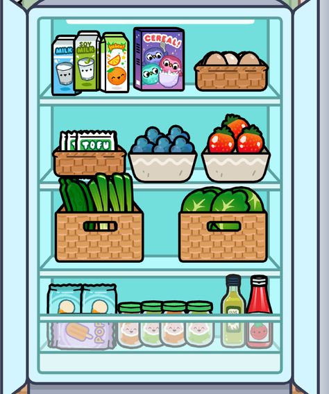 Fridge Organization Ideas Toca Boca, Fridge Ideas Toca Boca, Toca Boca Refrigerator Ideas, Toca Boca Pantry Ideas, Toca Boca Kitchen Ideas 5 Star Hotel, Toca Boca Fridge Ideas, Cute Dorm Ideas, Toca Life World Aesthetic Pfp, Bad Room Ideas