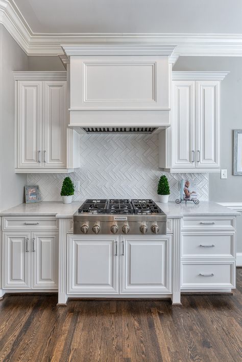 Snowbound Kitchen & Butler's Pantry / Mindful Gray Island & Master Bath - 2 Cabinet Girls Schuler Cabinets Kitchens, Snowbound Kitchen Cabinets, Snowbound Cabinets, Schuler Cabinets, Gray Quartz Countertops, Wooden Range Hood, Kitchen Butlers Pantry, Gray Island, Gold Light Fixture