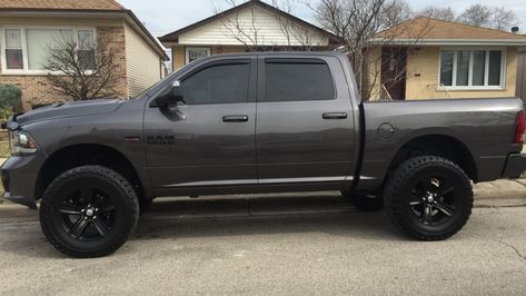 2015 Ram 1500 Sport with 6" Lift on 37" Mickey Thompson's. All around black badges, K&N air intake & a flowmaster exhaust and more Lifted Cummins, Jacked Trucks, 2015 Dodge Ram 1500, Lifted Ram, Ram 1500 Sport, Lifted Vehicles, 2015 Ram 1500, Ram Trucks 1500, Country Trucks