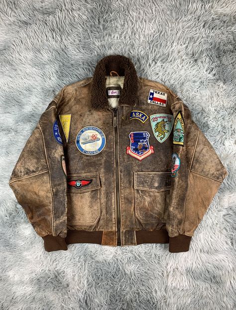 Vintage Flight Leather Jacket Military Aviation Patches 90s Flight Jacket Outfit, Aviation Patches, Vintage Booth, Leather Flight Jacket, Beaded Moccasins, Outfit Retro, Military Aviation, Jacket Outfit, Men's Outerwear