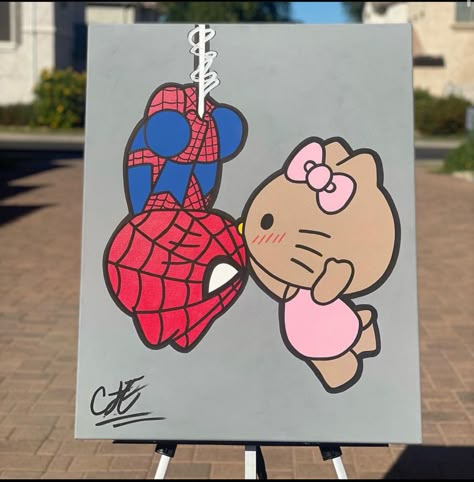 Spider Man And Hello Kitty Painting, Cute Doodles On Canvas, Cute Art To Do With Boyfriend, Hello Kitty Spiderman Painting, Spiderman Couple Painting, Hello Kitty Easy Painting, Hello Kitty Couple Painting, Love Cartoon Painting, Spiderman And Hello Kitty Painting