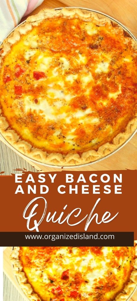 Easy Bacon Cheese Quiche Recipe - Organized Island Homestyle Bacon And Cheese Quiche, Quiche With Cheddar Cheese, Bacon Tomato Quiche, Quiche Bacon Cheese, Bacon Cheeseburger Quiche, Quiche Recipes With Bacon, Bacon And Gruyere Quiche, Easy Bacon Cheese Quiche, Crustless Quiche Recipes Bacon