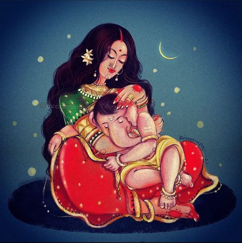 Ganesha With Parvati, Bal Ganesha, Aesthetic Illustrations, Adi Shankaracharya, Ganesha Drawing, Ganesh Art Paintings, Lord Mahadev, God Artwork, Baby Ganesha