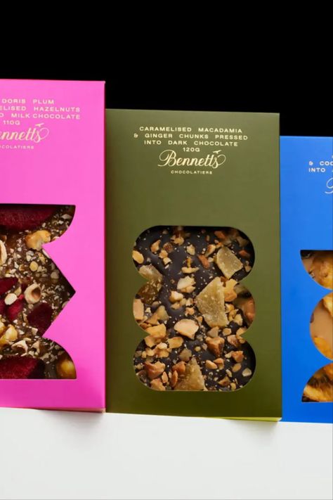 Bennetts Chocolatier's Packaging Is As A Treat Of Its Own Bon Bon Packaging Design, Luxury Food Packaging Design, Premium Chocolate Packaging Design, Chocolate Package Design, Chocolate Bars Packaging, Luxury Food Packaging, Fragrance Packaging Design, Chocolate Branding, Chocolate Bar Packaging