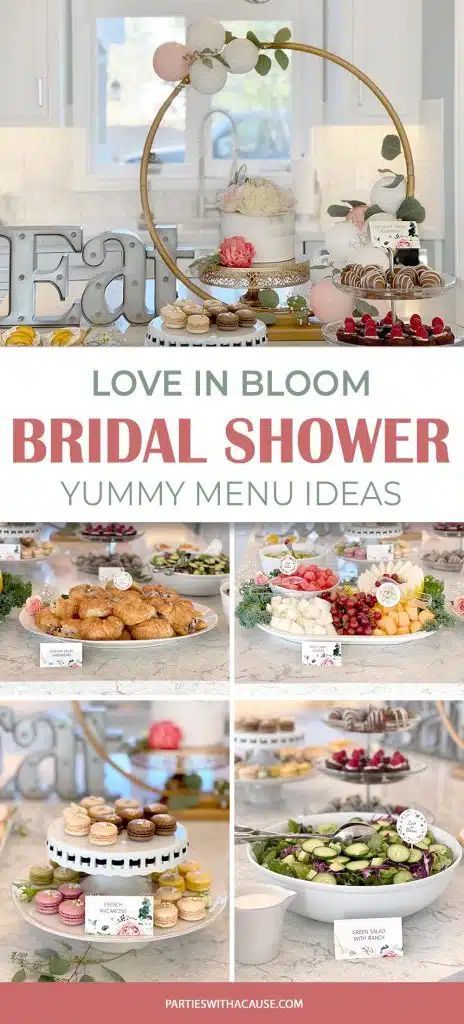 If you're celebrating a Love in Bloom this lighter fare menu is perfect for your Bridal Shower. Salads and fruit based desserts are a must have for a Spring or Summer bridal shower. Get the list of menu ideas at Parties With A Cause. Unique Bridal Shower Food Ideas, Spring Garden Bridal Shower Ideas, Romantic Garden Bridal Shower Ideas, Tea Party Bridal Shower Foods, Wedding Shower To Do List, Bridal Shower Garden Theme Decorations, Wedding Shower Lunch Food Ideas, Bridal Luncheon Food, Spring Bridal Shower Food Ideas