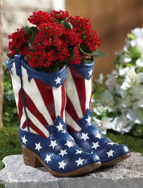 Patriotic Painted Cowboy Boot Planter stars stripes red white blue 4th of july planter cowboy boots patriotic decorating Independent Day, Independance Day, 4th Of July Ideas, Fourth Of July Decor, July Ideas, Patriotic Crafts, July Decor, Proud To Be An American, Collections Etc