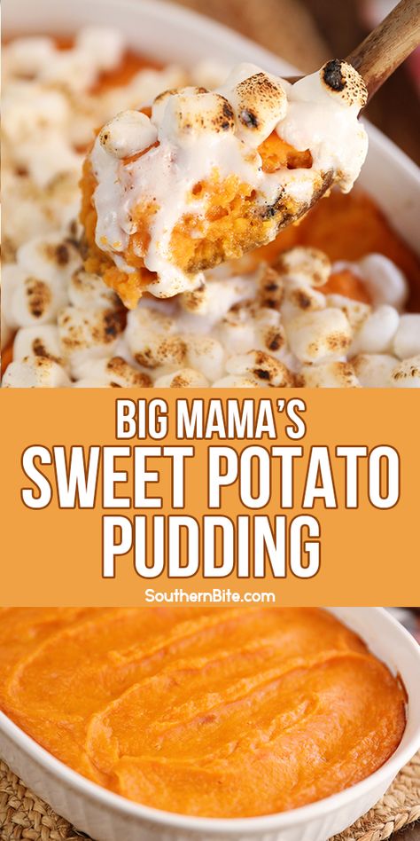 This vintage recipe for Big Mama's Sweet Potato Pudding is easy and filled with simple flavors that allow the sweet potato to be the star! Serve this casserole just like Big Mama did, without the marshmallows, or add them if you're a fan of that toasty marshmallow flavor like I am! Praline Topping Recipe, Sweet Potato Pudding, Potato Pudding, Big Mama, Southern Cuisine, Roasted Vegetable, Recipes Casserole, Classic Southern, Mashed Sweet Potatoes