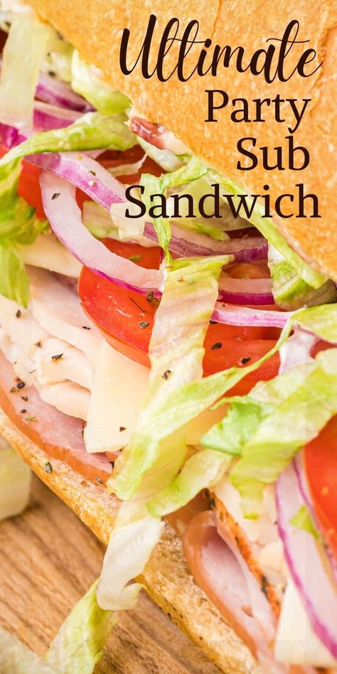 Simplify your party planning with this tasty sub sandwich recipe. Featuring layers of deli meats, Havarti cheese, fresh veggies, and a flavorful bacon mayo spread, this sub is easy to make and sure to delight your guests. Big Sandwiches Homemade, Mini Subs Sandwiches, Sourdough Deli Sandwich, Easy Sub Sandwiches, Deli Subs Sandwiches, Sub Sandwich Ideas Party, Homemade Subs Sandwiches, Wrapped Sandwiches For Party, Deli Sandwiches For Party