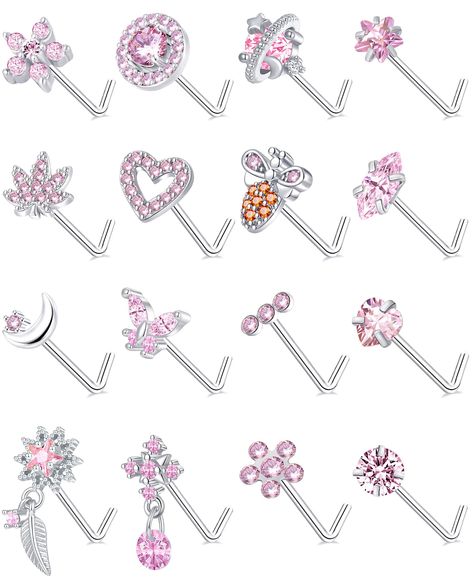 PRICES MAY VARY. 【Nose Rings Studs Set】You will Get 16Pcs Different L Shaped Nose Studs, Including Star, Round CZ, Planet, Maple Leaf,Dangle, Bee, Opal, Moon, Heart, Butterfly, 3 CZ Dots, Flower Dangle etc, Cute and Unique Nose Ring L Shaped, to Meet with Various Acquirement of Daily Life 【Nose Piercing Jewelry】Nose Studs Gauge: 20G (0.8mm), Wearable Bar Length: 6-7mm, Common Size for Most People to Wear, CZ Color: Pink, Classic L Shaped Design, Easy to Take on or off, Perfect as Nose Rings or O Pink Nose Jewelry, Cute Nose Rings, Cute Belly Rings, Unique Nose Rings, Cute Nose Piercings, Nose Rings Studs, Nose Piercings, Belly Button Jewelry, Heart Butterfly