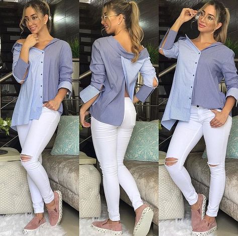 White Long Sleeve Shirt Outfit, Long Sleeve Shirt Outfits, Dress Down Friday, White Jeans Outfit, Fancy Tops, Fashion Drawing Dresses, White Long Sleeve Shirt, Look Plus, Spring Summer Outfits