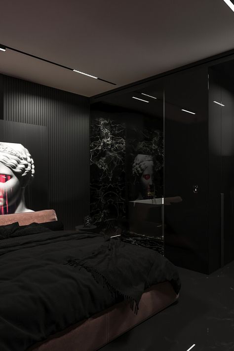 Futuristic Bed, Cyberpunk Bedroom, Punk Bedroom, Futuristic Interiors, Dark Interior Design, Black Bedroom Design, Black Bedroom Decor, Mens Bedroom, Black Bedroom