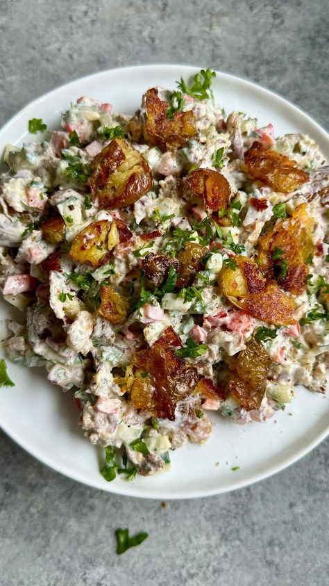 CRISPY SMASHED POTATO SALAD WITH BOURSIN CREAM! Literally one of the best potato salads I have made—thanks for the inspo @dr.vegan 🙏 • For … | Instagram Boursin Potato Salad, Potato Salad Aesthetic, Crispy Potato Salad, Hot Potato Salad Recipe, Savory Potato Salad, Baby Gold Potatoes, Smashed Potato Salad, Dr Vegan, Potatoes In The Oven