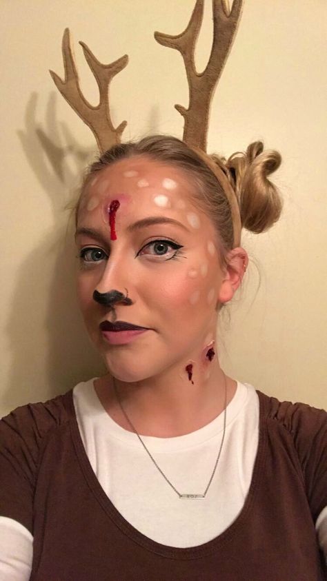 Shot deer costume Deer Costume Diy, Deer Costume Women, Costumes For Women Plus Size, Diy Costumes For Women, Deer Costume Makeup, Pirate Costume Couple, Homemade Mermaid Costumes, Deer Halloween Costumes, Girl Group Costumes