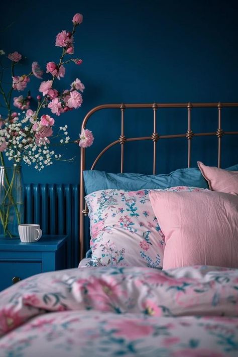 Blue and Pink Bedroom Ideas for a Charming Space French Blue And Pink Bedroom, Blue And Pink Bedroom For Kids, Blue And Pink Girls Bedroom, Navy Pink Bedroom, Bedroom Blue And Pink, Dark Blue And Pink Bedroom, Navy And Pink Bedroom, Bedroom Inspirations Blue, Navy Blue Headboard