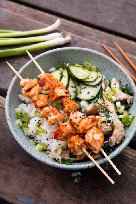 Grilled Chicken Yakitori Bowls Yakitori Chicken Noodles, Chicken Yakitori Rice Bowl, Healthy Terriaki Chicken Bowl, Japanese Yakitori Recipe, Chicken Yakitori Skewers, Sautéed Greens, Yakitori Recipe, Yakitori Chicken, Salty Food