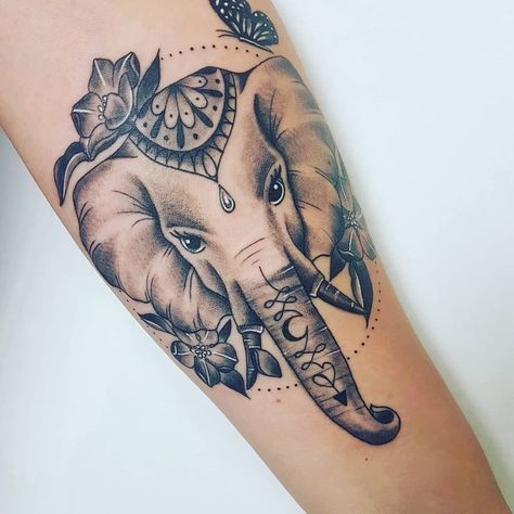 Elephant Tattoos With Roses, Elephant Shin Tattoos For Women, Indian Elephant Tattoos For Women, Pretty Elephant Tattoo, Elephant Tattoo Hand, Elephant Tattoos With Flowers Half Sleeves, Elephant Tattoo Design For Women Arm, Elephant Hand Tattoos For Women, Elephant Leg Tattoo For Women